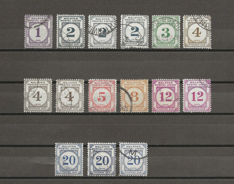 MALAYA/POSTAL UNION 1951/63 SG D14/21 + Shades/Perfs USED Cat £275